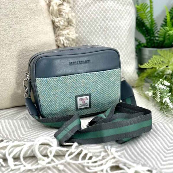 Harris Tweed Camera Bag In Turquoise Herringbone