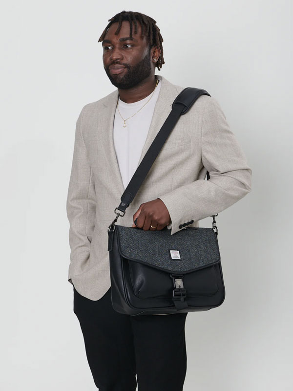 Harris Tweed The Laptop Satchel, Black Grey Herringbone