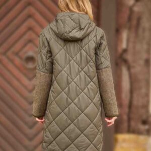 Dames Steppmantel 'Perth' Met Harris Tweed Details en Capuchon In Olive