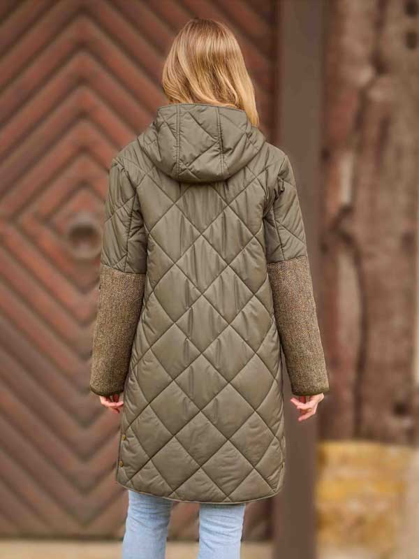 Dames Steppmantel 'Perth' Met Harris Tweed Details en Capuchon In Olive
