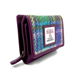 Harris Tweed Trifold Purse In Green/Purple Plaid
