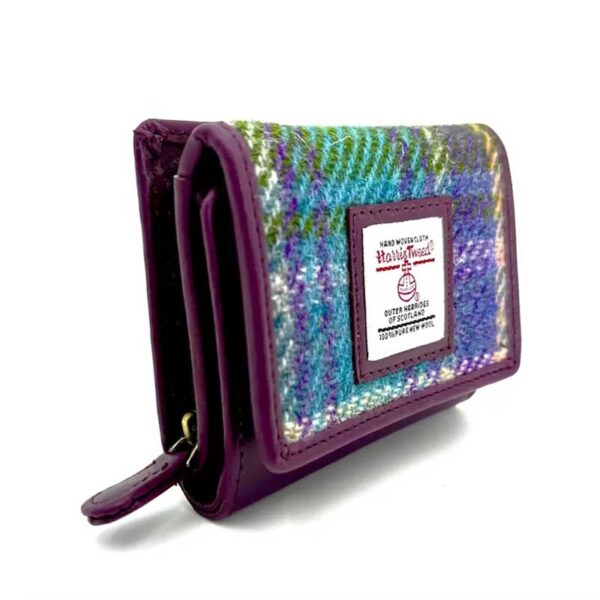 Harris Tweed Trifold Purse In Green/Purple Plaid