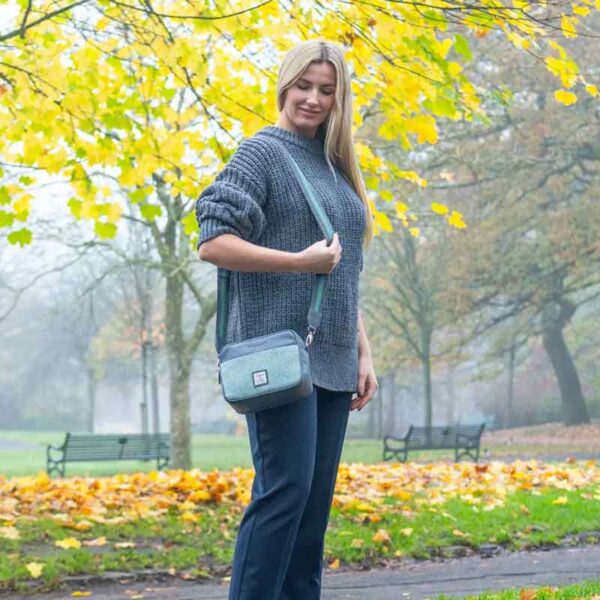 Harris Tweed Camera Bag In Turquoise Herringbone