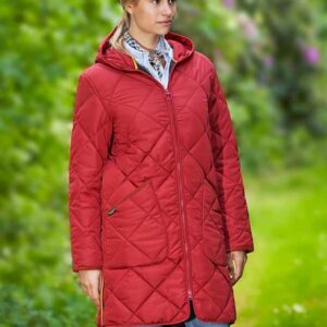 Dames Steppmantel 'Perth' Met Harris Tweed Details en Capuchon In Red Dahlia