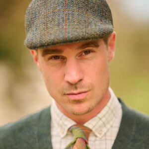 Harris Tweed Flat Cap "Henry" In Oliv-Blue Overcheck
