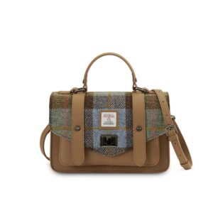 Harris Tweed Clutch, The Leather Medium Satchel, Islander, Chestnut Blue Tartan