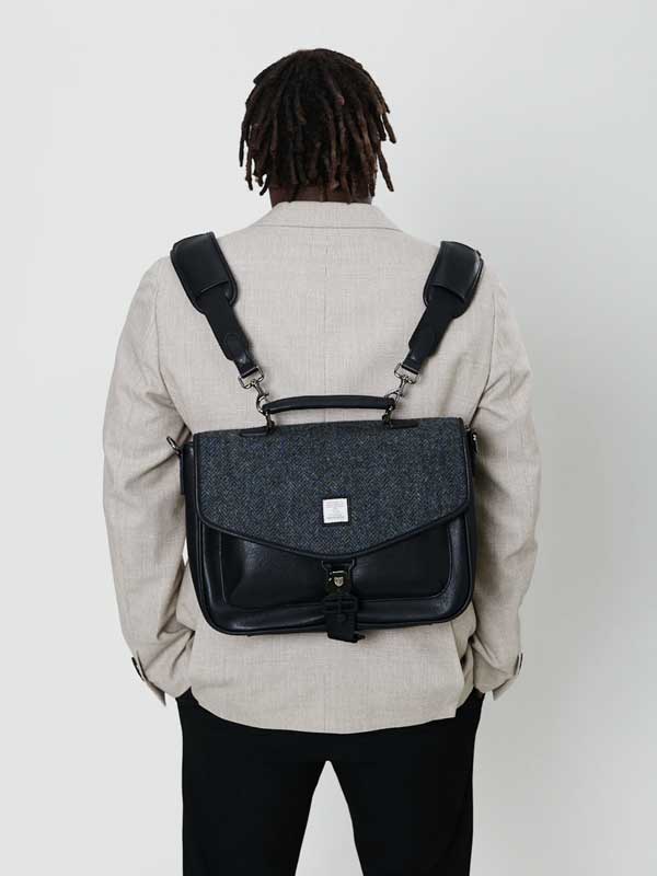 Harris Tweed The Laptop Satchel, Black Grey Herringbone