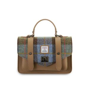 Harris Tweed Clutch, The Leather Medium Satchel, Islander, Chestnut Blue Tartan