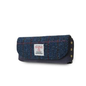 Harris Tweed Leather Glasses Case Navy Overcheck