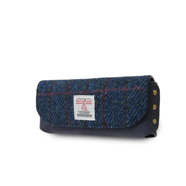Harris Tweed Leather Glasses Case Navy Overcheck