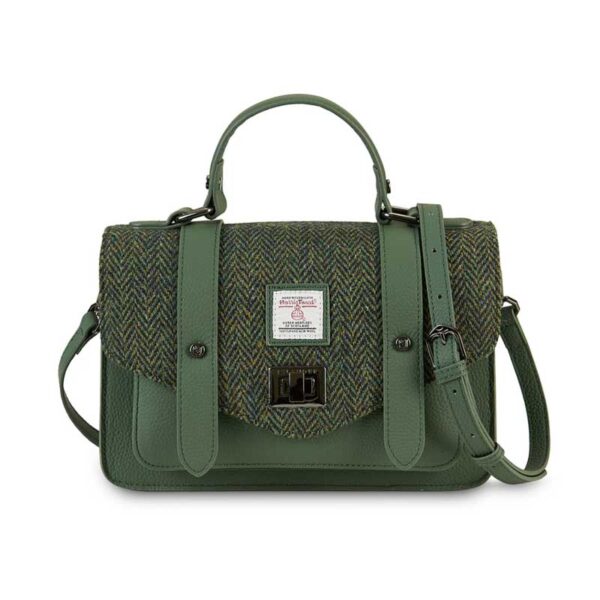Harris Tweed Clutch, The Leather Medium Satchel, Islander, Dark Green Herringbone