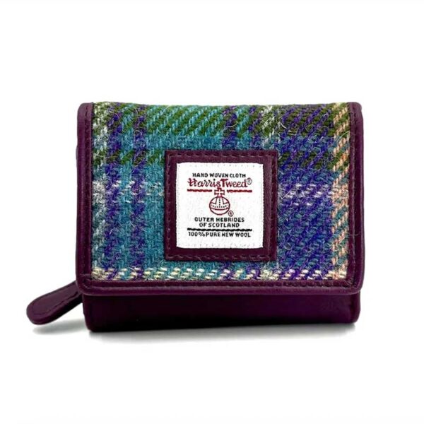 Harris Tweed Trifold Purse In Green/Purple Plaid
