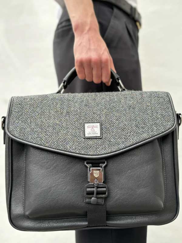 Harris Tweed The Laptop Satchel, Black Grey Herringbone