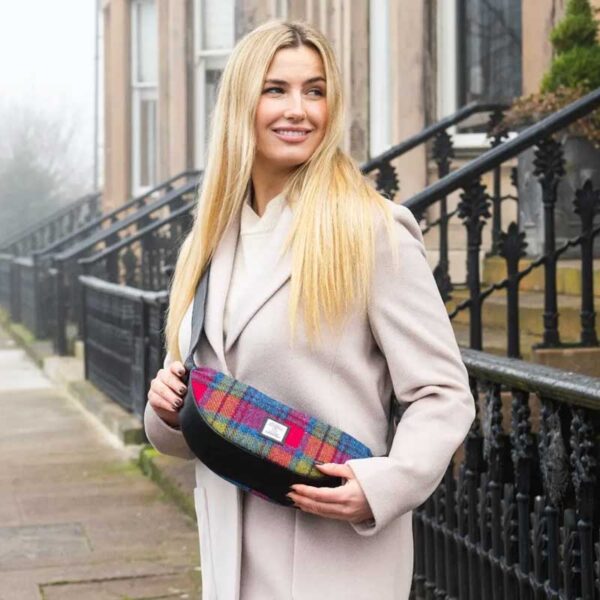 Harris Tweed Sling Bag In Blue/Pink Check
