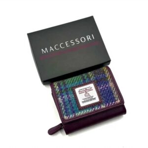 Harris Tweed Trifold Purse In Green/Purple Plaid