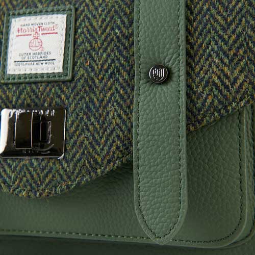 Harris Tweed Clutch, The Leather Medium Satchel, Islander, Dark Green Herringbone