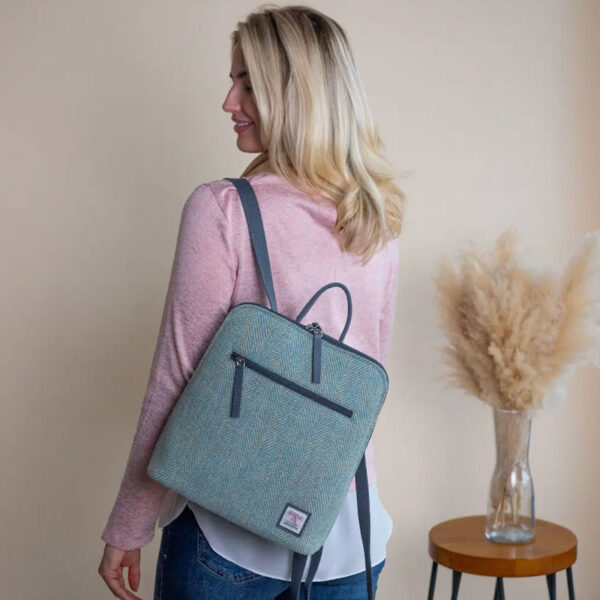 Harris Tweed Backpack In Turquoise Herringbone