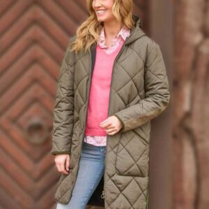 Dames Steppmantel 'Perth' Met Harris Tweed Details en Capuchon In Olive