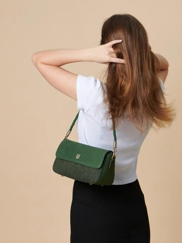 Harris Tweed Shoulder Bag, The Ellon, Islander, Dark Green Herringbone