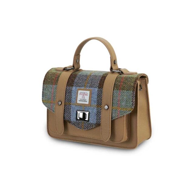 Harris Tweed Clutch, The Leather Medium Satchel, Islander, Chestnut Blue Tartan