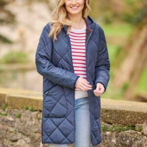 Dames Steppmantel 'Perth' Met Harris Tweed Details en Capuchon In Navy